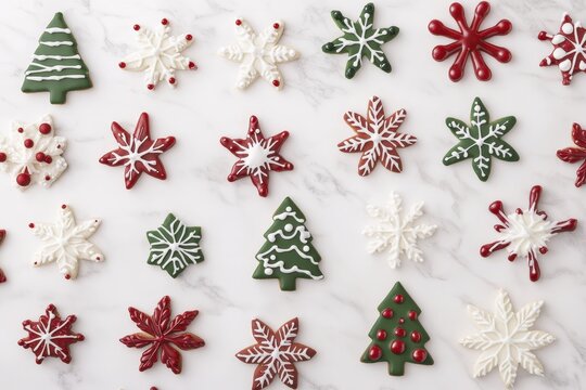 Festive christmas cookies arranged in patterns on marble background