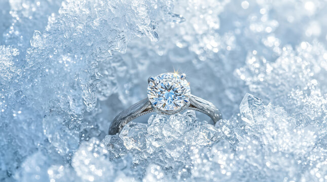Diamond engagement ring embedded in sparkling ice and frost crystals. Winter proposal concept. Macro shot of luxury silver jewelry in cool blue frozen texture