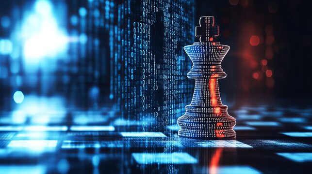 Digital king chess piece composed of glowing binary code representing strategic artificial intelligence and complex data processing in modern computing