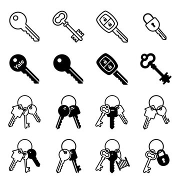 Set of Black Key and Lock Icons with Yale Branding in Minimalist Flat Design