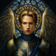 Naklejka premium Majestic Archangel Warrior with Golden Wings and Stained Glass Background. AI generative.