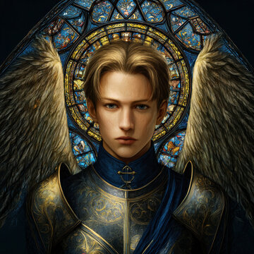 Majestic Archangel Warrior with Golden Wings and Stained Glass Background. AI generative.