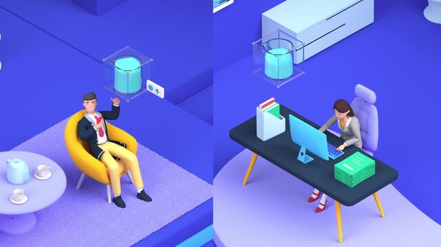Isometric Split Workplace Workspace Showing Relaxed Executive and Hardworking Developer 3D Animation