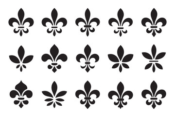 Collection of black fleur de lis symbols in different artistic designs. Elegant heraldic motifs for decorative use. © Vectors-Stock