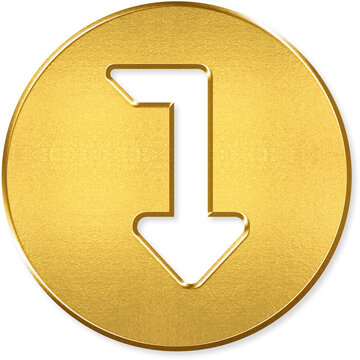Level down arrow icon with gold metallic 3D coin badge for level down arrow, navigate lower, step down, decrease level, go down on transparent background