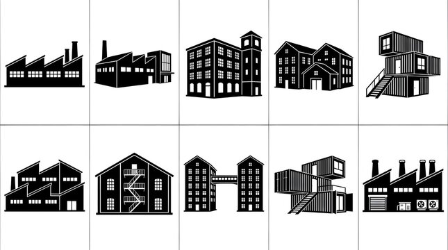 Collection of 10 industrial building silhouettes and factory icons, featuring warehouses, manufacturing plants, shipping container offices, and historic brick mill structures.