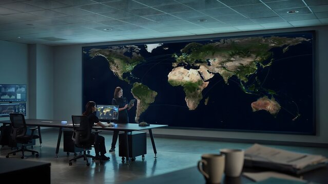 Modern command center with large digital world map for global data analysis