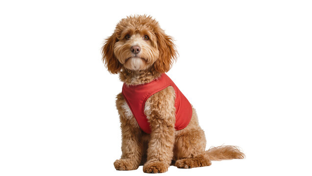 Fluffy brown dog wearing red vest sitting