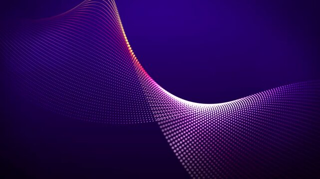 Purple wave flows through deep violet space. Glittering dots form elegant, undulating curves. Light pulses softly along the wave's curve. Abstract motion suggests fluidity, energy, and grace