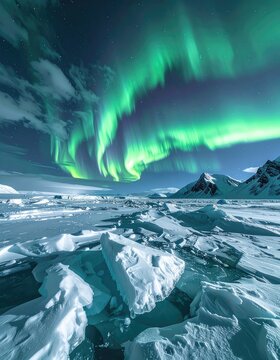A vibrant green aurora borealis dances across the starry night sky above a frozen, icy landscape.