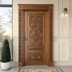 Obraz premium Carved Wood Door with Four Oval Islamic Panels and Ornate Frame Luxury Interior 3D Render 