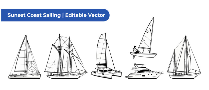 Sailboat vector line art set showcasing yacht catamaran dinghy motorboat icons for sailing logo design and marine navigation graphics in clean minimalist outline style ideal for nautical branding