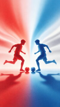 Red and Blue Soccer Player Silhouettes Facing Off, Two Athletes Dueling with Footballs on Glowing Radial Light Background &ndash; For Sports Competition & Rivalry Design