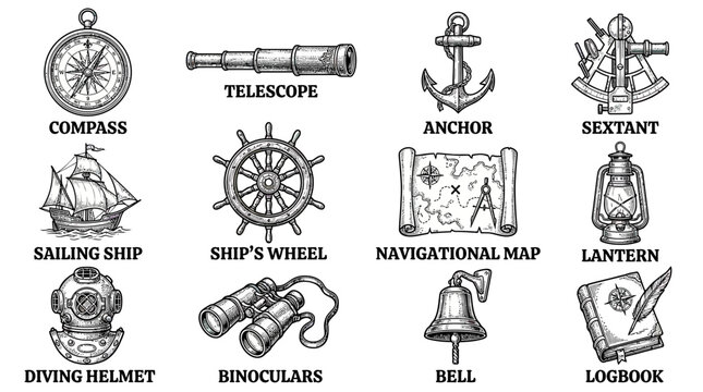 Nautical Vintage Icons: Compass, Telescope, Anchor, Ship, Map, Sextant, Lantern