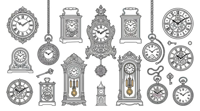 Vintage Clocks Collection: Grandfather, Pocket, Mantel, and Wall Timepieces