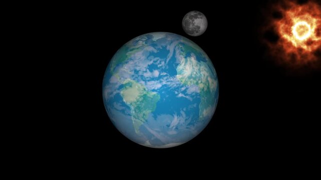 Moon orbital lines place planet Earth in cosmic voids. Orbital lines animation passes hot fiery solar sun ray arcs. Orbital lines layout loops deep space background travel.