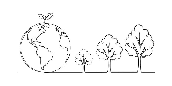 Continuous single line drawing of planet earth globe with growing trees and leaves representing nature conservation and environmental protection concept