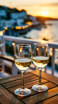 White Wine Glasses at Mediterranean Sunset &ndash; AI Generative