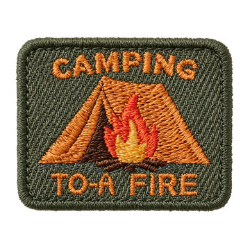 Camping patch with embroidered tent and campfire glowing warm and cozy