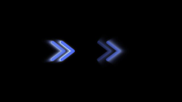Blue glowing arrows path fast forward direction signs. Glowing arrows animation drives modern interface transition markers. Glowing arrows layout loops tech menu overlay clip.