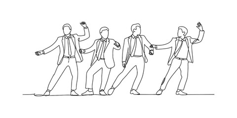 Obraz premium Group of four business men in suits dancing together line art illustration