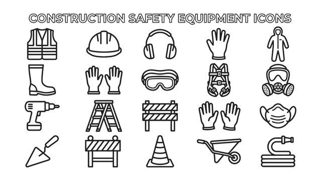 Construction safety equipment icons set including protective gear and tools for workers  safety symbols for industry and building sites