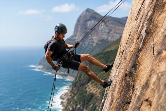 Adventurous Abseiler Descending Steep Cliffside