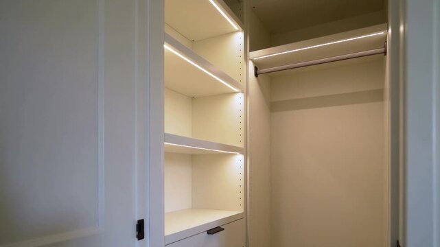 Switching on LED strip, lighting empty built-in closet in home, revealing shelves and hanging rod