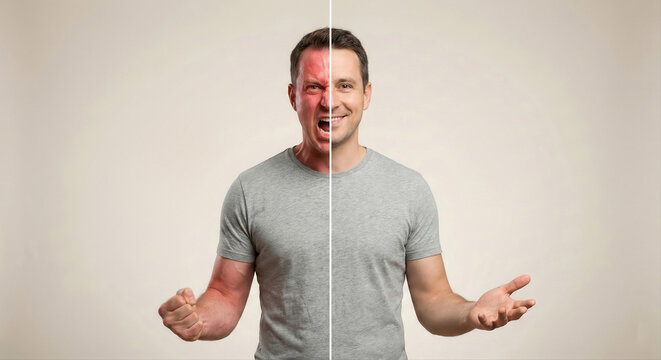 Man's face comparing severe skin irritation or anger with normal happy expression.
