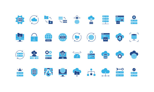 Web hosting, maintenance service for server infrastructure and database, data security glyph icon set. File and backup download, storage system solid symbols vector illustration