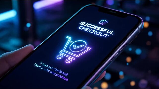 Successful online checkout on smartphone screen