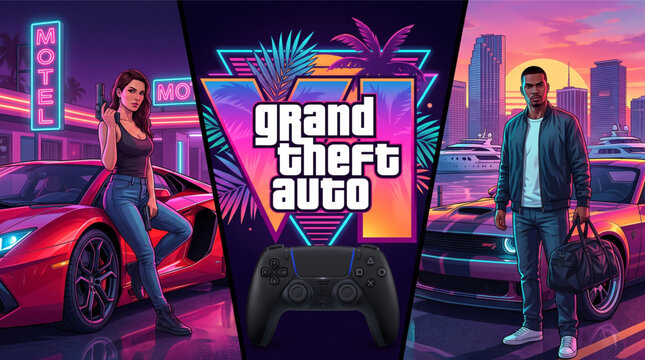 New upcoming Rockstar game style GTA VI concept. Playing Grand Theft Auto VI on Playstation 5 controller mockup with woman, man, luxury supercars, neon city skyline, and vice city aesthetic vibes.