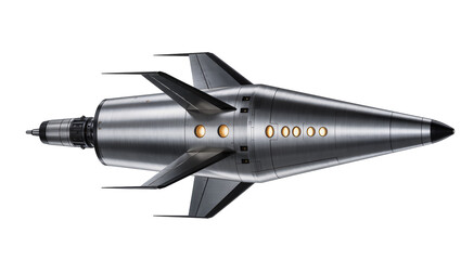 Sleek metallic spaceship with fins and glowing windows © Julia