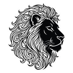 Profile portrait of a lion's head with flowing mane in intricate ornamental style design © MdJamil