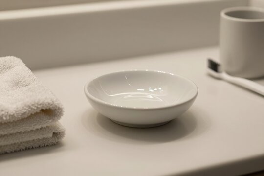 A ceramic soap dish sits on a bathroom countertop. The white empty saucer rests near a folded towel. The porcelain dish is placed on a clean surface.	