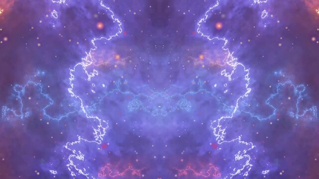 Star fields populate abstract cosmic nebula visuals. Nebula visuals animation outlines purple blue symmetrical storm clouds. Nebula visuals cosmic loop tracks spatial pathways.