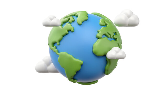 Stylized 3D Earth globe with green continents and blue oceans surrounded by fluffy white clouds