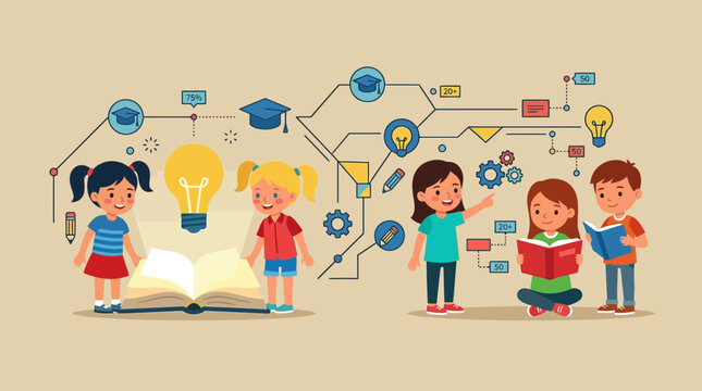 Happy diverse kids learning, reading books, and developing creative ideas with educational and STEM icons network on beige background