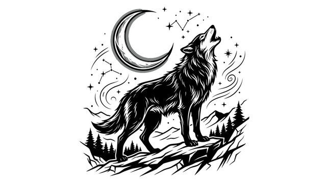 Wolf howling at moon, night sky, stars, mountains, trees, wild animal, graphic art