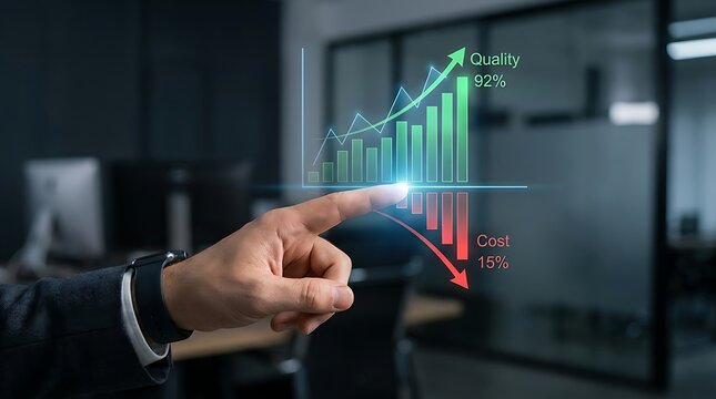 Business Growth Data Chart Showing Increasing Quality and Decreasing Cost Performance