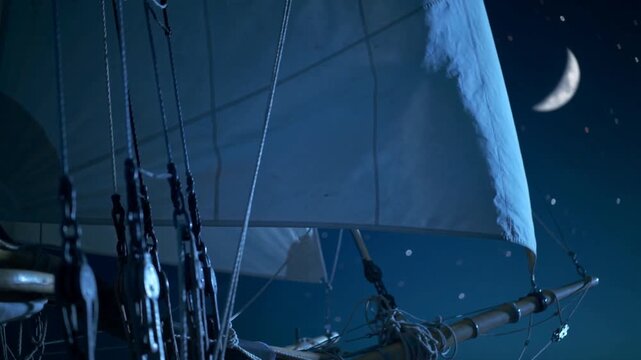 Billowing foresail and nearby rigging catching wind under crescent moon, powering vessel forward