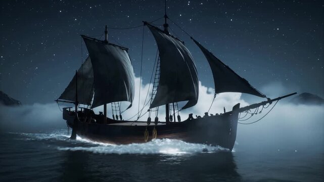 Sailing multi-masted ship emerging from fog at sea, wind filling sails, crew steering to shore