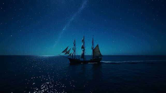 Gliding three-masted ship with sails catching wind, holding course beneath starry sky, leaving wake