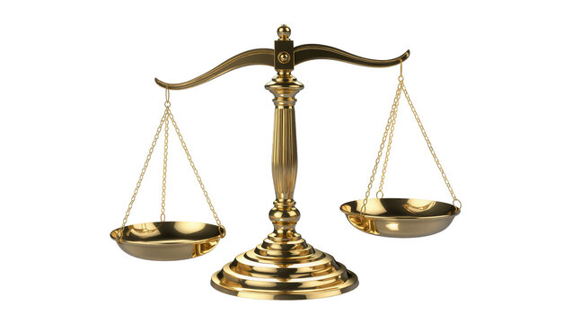 Golden brass balance scale with two pans and chains