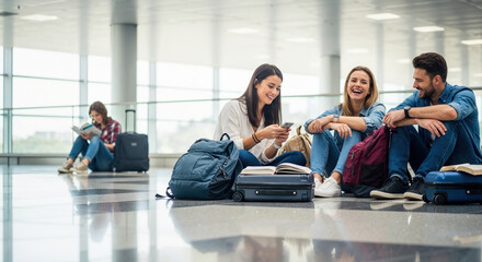 Fototapeta premium Young adult friends laughing while sitting on the airport floor. Happy travelers waiting in a terminal with luggage and backpacks. Travel and friendship concept