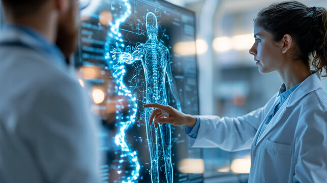 Two faceless researchers studying a glowing DNA and human body hologram on a screen in a bright modern lab cool luminous light and crisp detail distant composition genetics