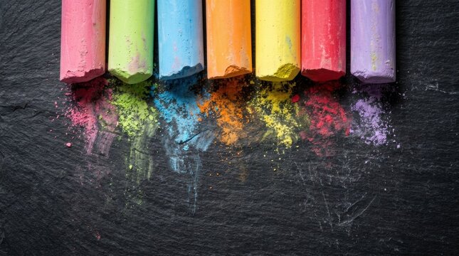 Colorful chalk sticks arranged on a dark textured blackboard background with vibrant dust particles