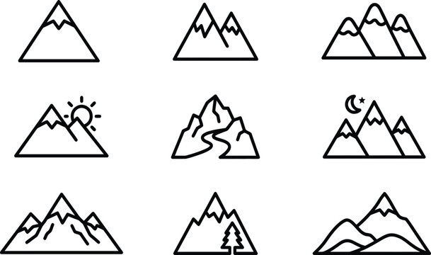 Mountain range icon set linear style outdoor adventure graphics