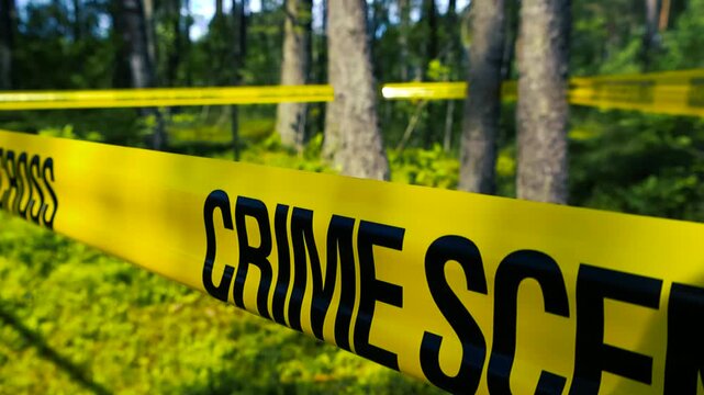 Yellow police tape with the words Crime Scene Do Not Cross cordons off a restricted area in a sunlit pine forest, indicating an ongoing investigation or a dangerous prohibited zone