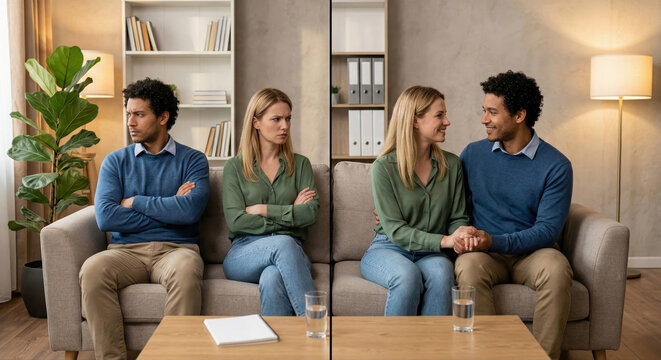 Couple's contrasting relationship states: conflict, disagreement versus harmony, love.